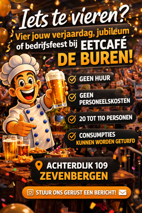 Pancakefeest uitnodiging met informatie over gratis verjaardagsviering en activiteiten.