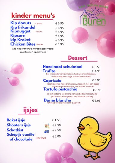 Menu voor kinderen met gerechten en prijzen, versierd met roze ballonnen en een kuiken.