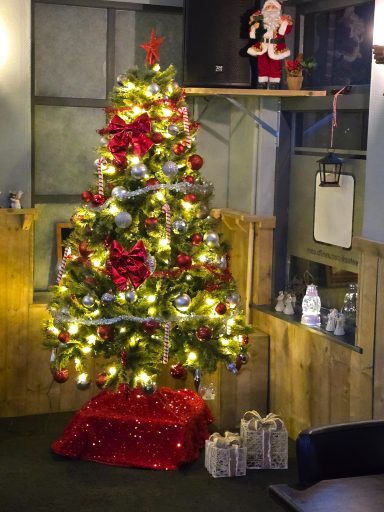 Kerstboom versierd met lichten, slingers en cadeautjes eronder.