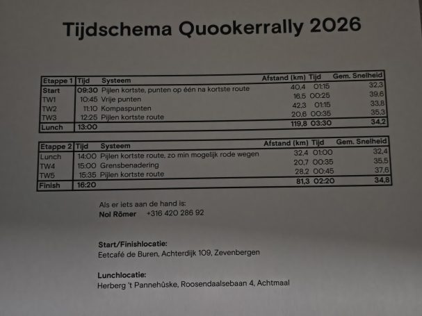 Schema voor de Quooker-rally 2026 met datums en tijden van evenementen.