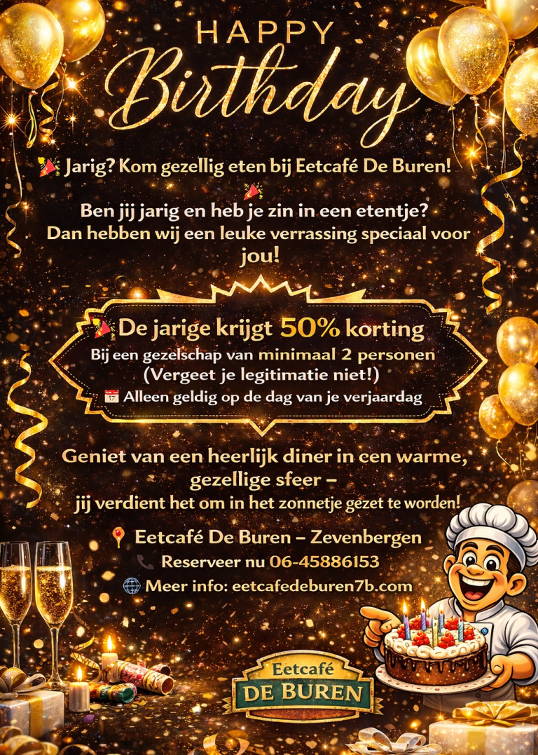 Kleurrijke feestuitnodiging met ballonnen en taart, met tekst over een party.